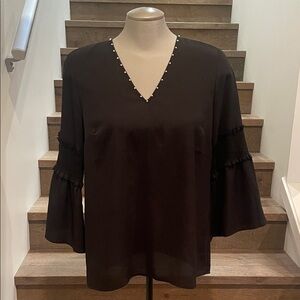 Karl Lagerfeld Black V-Neck Blouse with Bell Sleeves